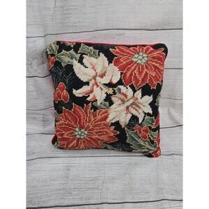Vintage Wool Needlepoint Christmas Poinsettia Pillow *issue*